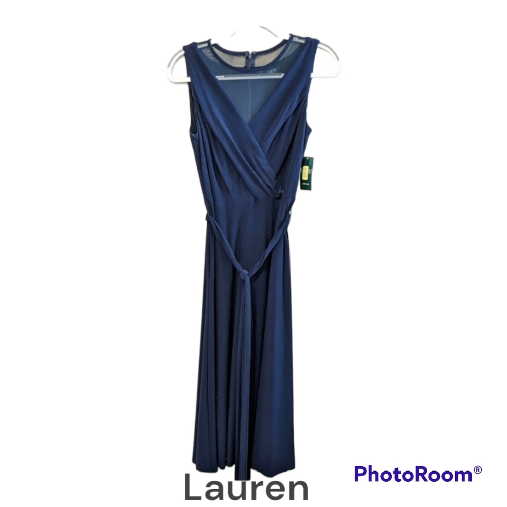 Lauren Navy Blue Midi Surplice Dress NWT